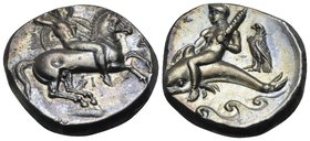 CALABRIA. Tarentum. Circa 290-281 BC. Didrachm or nomos (Silver, 20 mm, 7.96 g, 3 h), Phi..., Ar... and Philis... Nude rider on horse prancing to righ...
