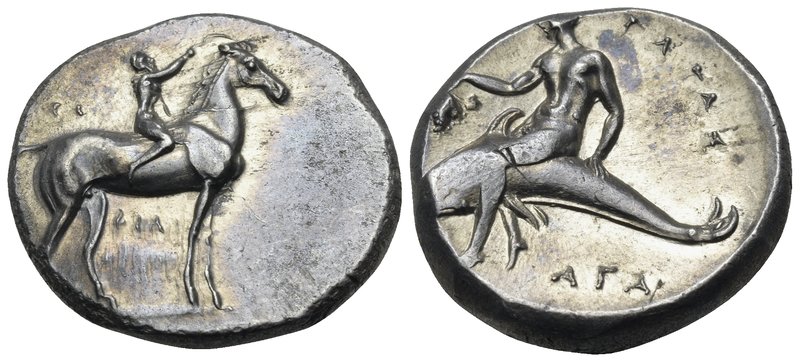 CALABRIA. Tarentum. Circa 302-280 BC. Didrachm or nomos (Silver, 21 mm, 7.91 g, ...