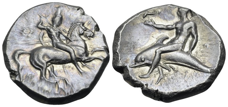 CALABRIA. Tarentum. Circa 302-280 BC. Didrachm or nomos (Silver, 21.5 mm, 7.82 g...