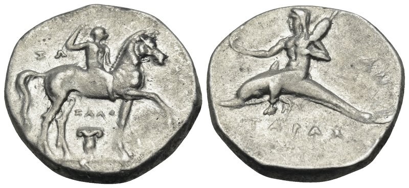 CALABRIA. Tarentum. Circa 280-272 BC. Didrachm or nomos (Silver, 20 mm, 6.47 g, ...