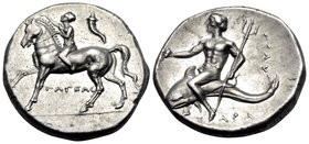 CALABRIA. Tarentum. Circa 272-240 BC. Nomos (Silver, 20 mm, 6.36 g, 10 h), struck under magistrate Tageas and Poly... Ephebe, nude, holding the reins ...