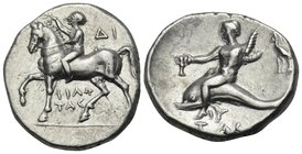 CALABRIA. Tarentum. Circa 272-240 BC. Didrachm or nomos (Silver, 21 mm, 6.30 g, 9 h), Philotas. Horseman advancing left, crowning horse with wreath; t...