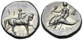 CALABRIA. Tarentum. Circa 272-240 BC. Nomos (Silver, 20 mm, 6.45 g, 7 h), Zopyros and Phi.... [ZΩ]Π-YPO-Σ Nude jockey riding horse walking to right, h...
