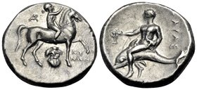 CALABRIA. Tarentum. Circa 272-240 BC. Nomos (Silver, 21 mm, 6.49 g, 9 h), Kynon. Nude youth riding horse walking to right, raising his right hand to c...