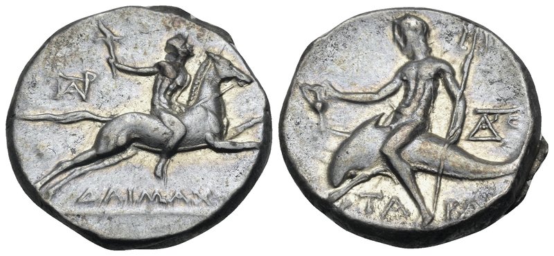 CALABRIA. Tarentum. Circa 240-228 BC. Didrachm or nomos (Silver, 19.5 mm, 6.47 g...