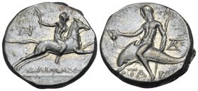 CALABRIA. Tarentum. Circa 240-228 BC. Didrachm or nomos (Silver, 19.5 mm, 6.47 g, 7 h), Daimachos. ΔAIMAXOΣ Nude ephebe, holding lighted torch in his ...