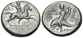 CALABRIA. Tarentum. Circa 240-228 BC. Didrachm or nomos (Silver, 20 mm, 6.52 g, 4 h), Daimachos. ΔAIMAXOΣ Cuirassed warrior, brandishing spear in his ...