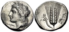 LUCANIA. Metapontum. Circa 330-290 BC. Didrachm or nomos (Silver, 21.5 mm, 7.88 g, 11 h). Head of Demeter to left, wearing grain wreath, triple-pendan...