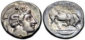 LUCANIA. Thourioi. Circa 400-350 BC. Stater (Silver, 21.5 mm, 7.71 g, 9 h). Head of Athena to right, wearing helmet adorned with Skylla holding oar(?)...