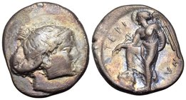 BRUTTIUM. Terina. Circa 420-400 BC. Nomos (Silver, 21.5 mm, 7.51 g, 1 h). Head of the nymph Terina to right, wearing pearl necklace and with her hair ...