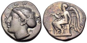 BRUTTIUM. Terina. Circa 420-400 BC. Nomos (Silver, 21 mm, 7.67 g, 9 h). ΤΕΡΙΝΑΙOΝ Head of the nymph Terina to left, wearing pearl necklace and pearl e...