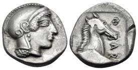 THESSALY. Pharsalos. Mid-late 5th century BC. Hemidrachm (Silver, 15 mm, 2.97 g, 12 h). Head of Athena to right, wearing crested Attic helmet and drop...