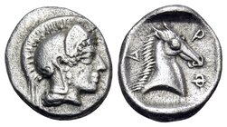 THESSALY. Pharsalos. Mid-late 5th century BC. Obol (Silver, 11 mm, 0.95 g, 12 h). Head of Athena to right, wearing crested Attic helmet and drop earri...