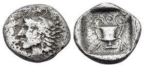 AKARNANIA, Federal Coinage (Akarnanian Confederacy). Unknown mint. Circa 420-380 BC. Diobol (Silver, 11 mm, 0.70 g, 6 h). Beardless head of Herakles t...