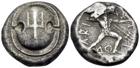 BOEOTIA. Haliartos. Circa 400-375 BC. Stater (Silver, 21 mm, 12.00 g, 6 h). Boeotian shield adorned with upright trident. Rev. ΑRI-ΑR-Τ-Ι-ΟΝ Poseidon,...