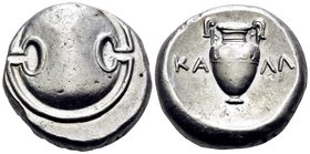 BOEOTIA. Thebes. Circa 363-338 BC. Stater (Silver, 20 mm, 12.22 g, 11 h), Kalli.... Boeotian shield. Rev. ΚA-ΛΛ Amphora with tall handles and a decora...