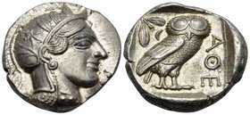 ATTICA. Athens. Circa 449-404 BC. Tetradrachm (Silver, 25 mm, 17.22 g, 7 h), c. 430s-420s. Head of Athena to right, wearing crested Attic helmet with ...
