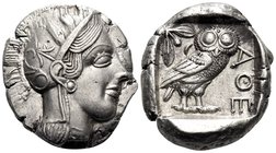ATTICA. Athens. Circa 449-404 BC. Tetradrachm (Silver, 26 mm, 17.21 g, 6 h), c. 430s-420s. Head of Athena to right, wearing crested Attic helmet with ...