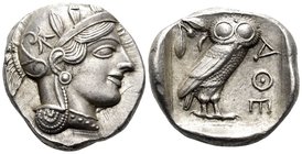 ATTICA. Athens. Circa 449-404 BC. Tetradrachm (Silver, 25 mm, 17.22 g, 3 h), c. 430s-420s. Head of Athena to right, wearing crested Attic helmet with ...