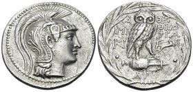 ATTICA. Athens. 137/6 BC. Tetradrachm (Silver, 31 mm, 16.93 g, 12 h), new style, Miki(on) and Theophra(stos). Head of Athena Parthenos to right, weari...
