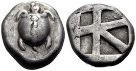 ISLANDS OFF ATTICA, Aegina. Circa 480-457 BC. Stater (Silver, 21 mm, 12.26 g, 7 h). Sea turtle with a T-shaped design of a line of five large pellets ...