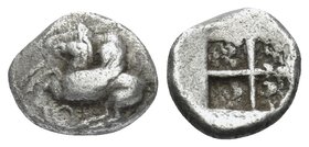 CORINTHIA. Corinth. Circa 550-500 BC. Obol (Silver, 8 mm, 0.47 g). Pegasos, with curved wing, flying to left; below, koppa. Rev. Quadripartite incuse ...