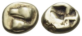 MYSIA. Kyzikos. Circa 600-550 BC. Hemihekte or 1/12 Stater (Electrum, 8 mm, 1.31 g). Head of tunny to left; below, headless tunny to left. Rev. Quadri...