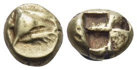 MYSIA. Kyzikos. Circa 600-550 BC. Hemihekte or 1/12 Stater (Electrum, 8 mm, 1.33 g). Head of a tunny fish to right; above and below, small tunnies swi...