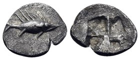 MYSIA. Kyzikos. Circa 600-550 BC. Obol (Silver, 10 mm, 0.49 g). Tunny swimming to left. Rev. Quadripartite incuse square in windmill form. Klein 261. ...