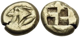 MYSIA. Kyzikos. Circa 550-450 BC. Stater (Electrum, 20 mm, 16.08 g). Head of a goat with long beard to left; behind truncation, tunny fish swimming up...