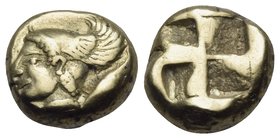 MYSIA. Kyzikos. Circa 550-500 BC. Hekte (Electrum, 10.5 mm, 2.69 g). Head of Perseus to left, wearing winged helmet; behind, tunny fish swimming downw...