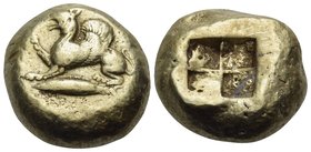 MYSIA. Kyzikos. Circa 550-450 BC. Stater (Electrum, 18 mm, 16.08 g). Griffin, raising right forepaw, seated to left on a tunny fish swimming to left. ...