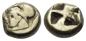 MYSIA. Kyzikos. Circa 500-450 BC. Hemihekte or 1/12 Stater (Electrum, 7 mm, 1.21 g). Head of Athena to left, wearing Corinthian helmet; behind, tunny ...
