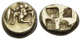 MYSIA. Kyzikos. Circa 550-500 BC. Hekte (Electrum, 10.5 mm, 2.67 g). Satyr kneeling to left, holding in his extended right hand a tunny fish by the ta...