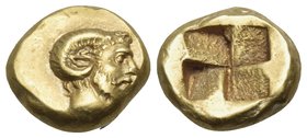 MYSIA. Kyzikos. Circa 500-450 BC. Hekte (Electrum, 11 mm, 2.62 g), c. 450. Head of Zeus-Ammon, (or a local river god) to right, with bull's ears; belo...