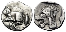MYSIA. Kyzikos. Circa 525-475 BC. Obol (Silver, 11.5 mm, 0.83 g, 3 h). Forepart of boar to left; on the boar’s shoulder, retrograde Ε; to right, tunny...