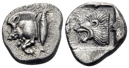 MYSIA. Kyzikos. 450-400 BC. Diobol (Silver, 11.5 mm, 1.22 g, 4 h). Forepart of a boar running to left; to right, tunny fish swimming upwards. Rev. Lio...