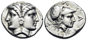 MYSIA. Lampsakos. Circa 390-330 BC. Diobol (Silver, 14 mm, 2.40 g, 6 h). Janiform female head. Rev. ΛΑΜ-Ψ Head of Athena to right, wearing Corinthian ...