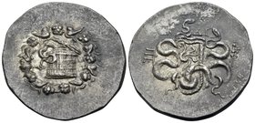 MYSIA. Pergamon. Circa 166-67 BC. Cistophoric Tetradrachm (Silver, 33 mm, 12.03 g, 12 h), c. 104-98. Basket (cista mystica) from which snake coils; ar...