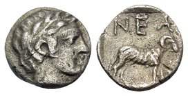 TROAS. Neandria. 4th century BC. Obol (Silver, 8 mm, 0.56 g, 6 h). Laureate head of Apollo to right. Rev. NEA - N Ram standing right. SNG Copenhagen 4...