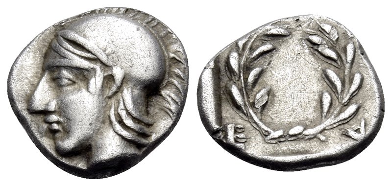 AEOLIS. Elaia. Circa 450-400 BC. Diobol (Silver, 11 mm, 1.33 g, 2 h). Head of At...