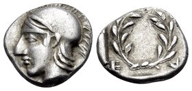AEOLIS. Elaia. Circa 450-400 BC. Diobol (Silver, 11 mm, 1.33 g, 2 h). Head of Athena in crested Attic helmet to left. Rev. Ε-Λ-Α Olive wreath tied bel...