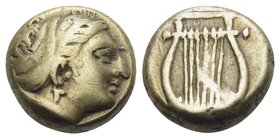LESBOS. Mytilene. Circa 412-378 BC. Hekte (Electrum, 10 mm, 2.54 g, 12 h). Female head to right, with her hair in sakkos. Rev. Kithara [in linear squa...