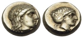 LESBOS. Mytilene. Circa 377-326 BC. Hekte (Electrum, 10 mm, 2.57 g). Laureate head of Apollo to right. Rev. Head of Artemis to right; behind, coiled s...