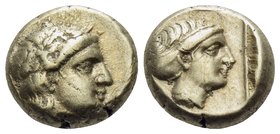 LESBOS. Mytilene. Circa 377-326 BC. Hekte (Electrum, 10 mm, 2.68 g, 12 h). Laureate head of Apollo to right. Rev. Head of Artemis to right within line...