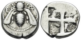 IONIA. Ephesos. Circa 420-400 BC. Didrachm (Silver, 18 mm, 7.48 g). Ε-Φ Bee with curved wings. Rev. Quadripartite incuse square. SNG Copenhagen 206. S...