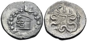 IONIA. Ephesos. Circa 180-67 BC. Cistophoric Tetradrachm (Silver, 27 mm, 12.25 g, 12 h), year MC = 46 = 89-88. Basket (cista mystica) from which snake...