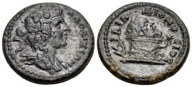 PHRYGIA. Laodicea ad Lycum. Antonine times, 138-161. Assarion (Bronze, 20 mm, 6.17 g, 6 h). ΛΑΟΔΙΚΕΩΝ Draped bust of youthful Dionysos to right, weari...