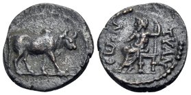 CAPPADOCIA. Tyana. Trajan, 98-117. Hemiassarion (Bronze, 16 mm, 2.02 g, 12 h). Humped bull standing to right. Rev. TYAN-EΩN Zeus seated to left, holdi...