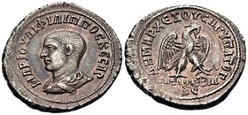SYRIA, Seleucis and Pieria. Antioch. Philip II, 247-249. Tetradrachm (Silver, 28 mm, 12.39 g, 7 h), 248. MAP IOΥΛI ΦIΛIΠΠOC KECAP Bare-headed and drap...